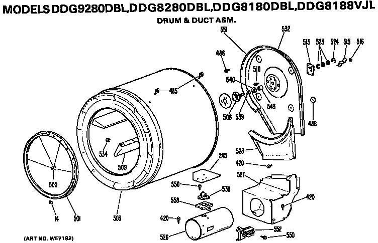 GE DDG8280DBL drum and duct assembly diagram