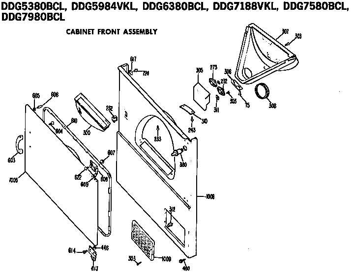 GE DDG6380BCL cabinet front diagram