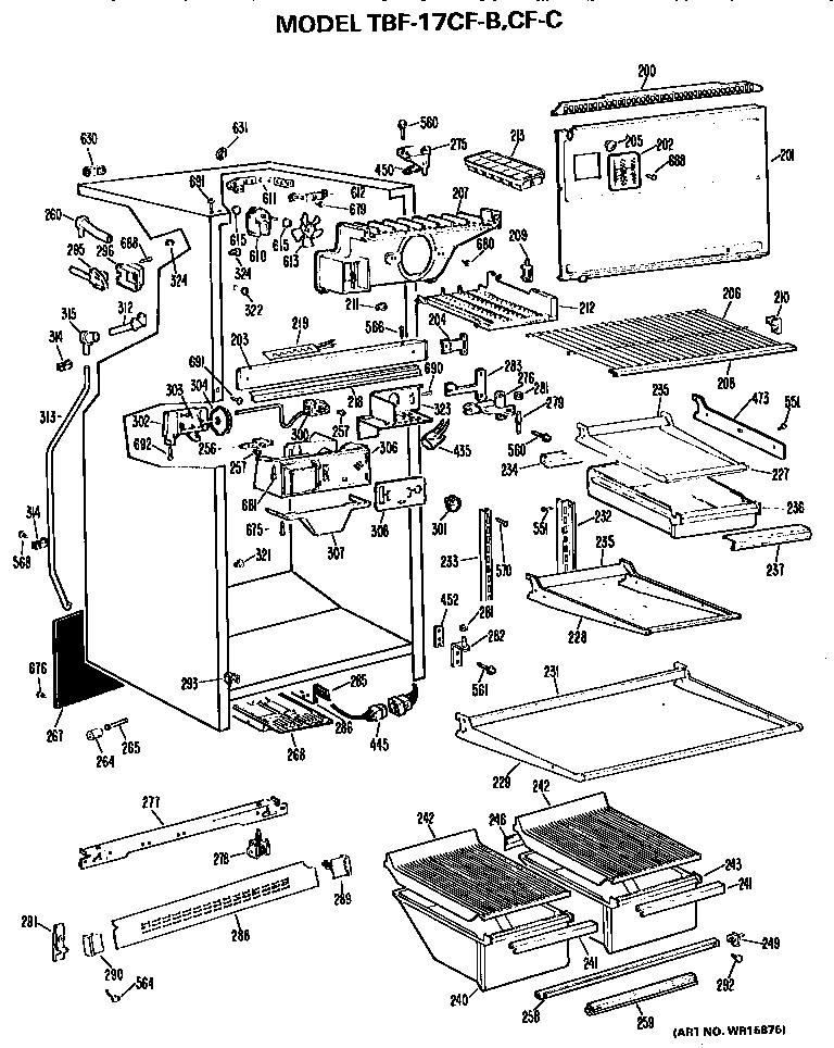 GE TBF17CFC cabinet and shelves diagram