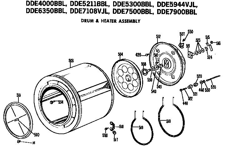 GE DDE4000BBL drum and heater assembly diagram