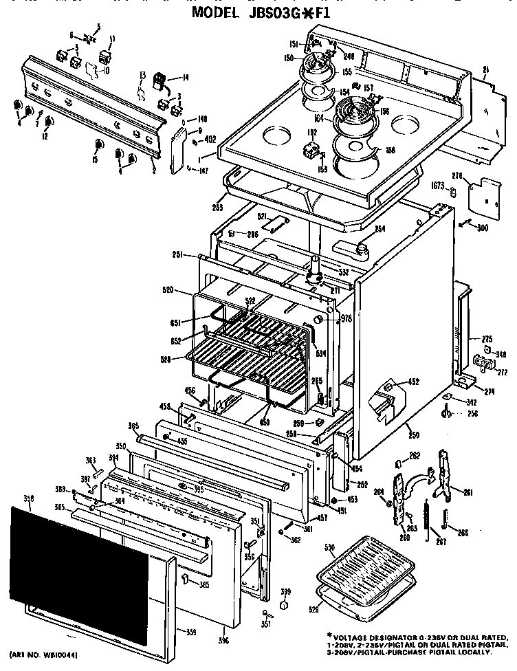 GE JBS03G*F1 main body/cooktop/controls diagram