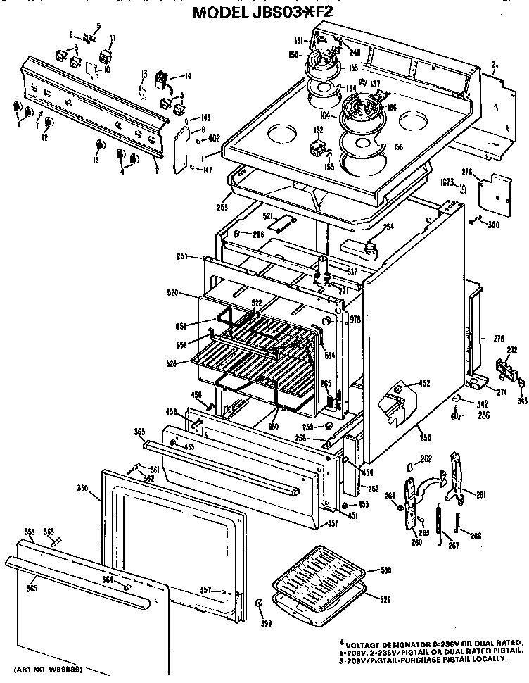 GE JBS03*F2 main body/cooktop/controls diagram