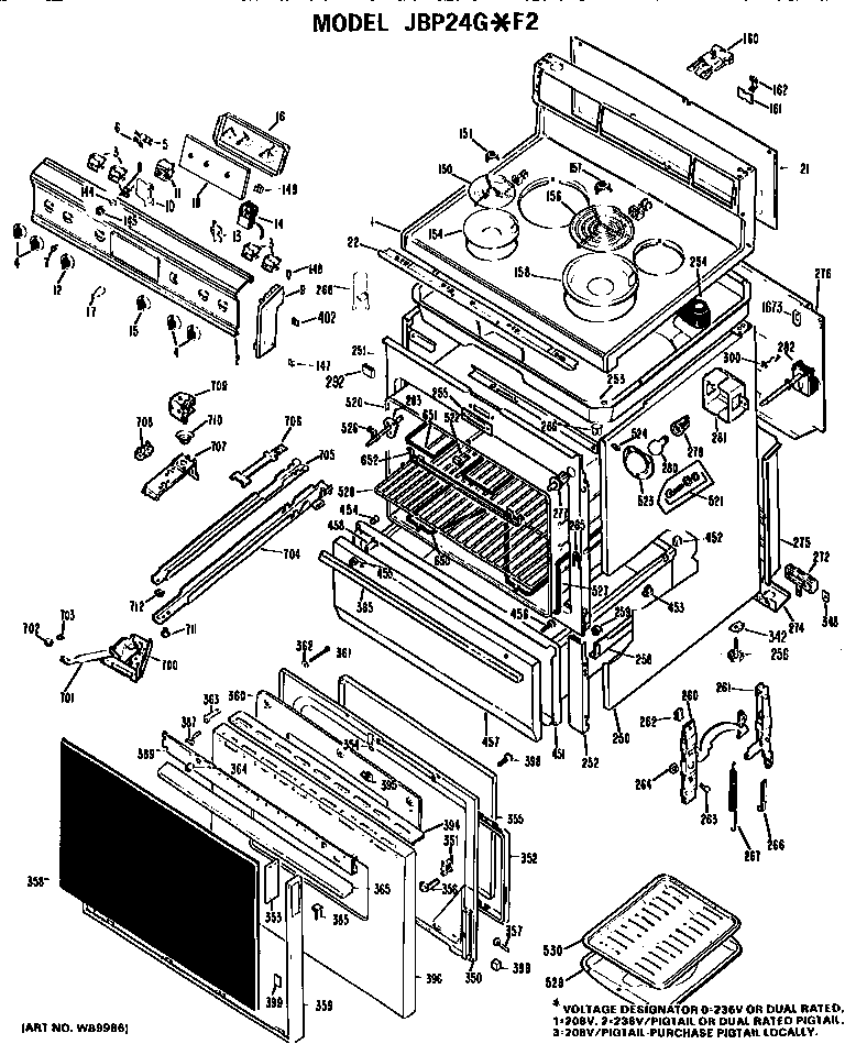 GE JBP24G*F2 main body/cooktop/controls diagram