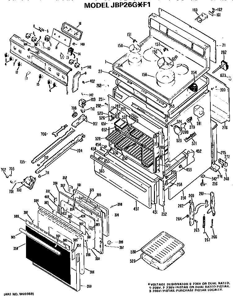 GE JBP26G*F1 main body/cooktop/controls diagram
