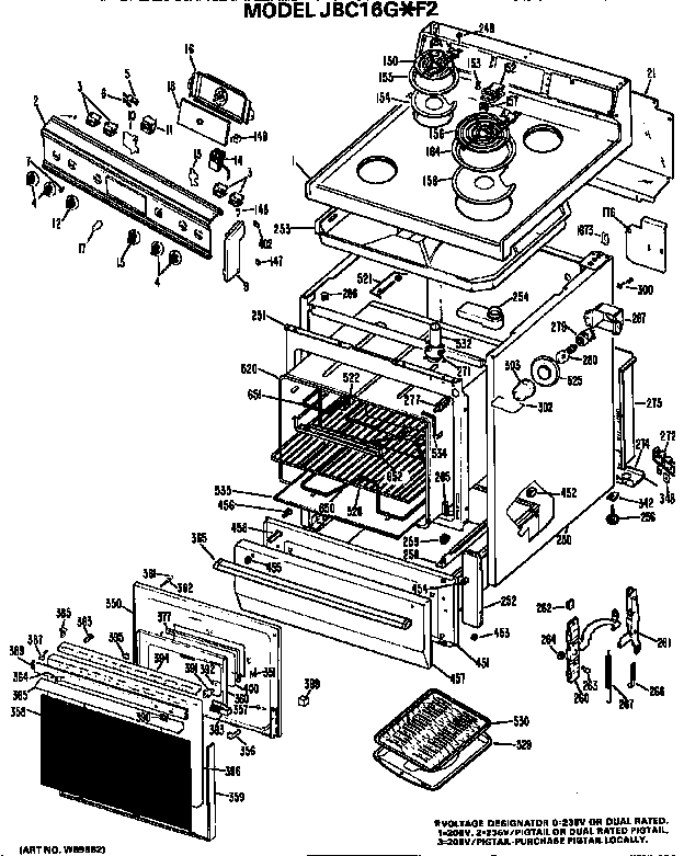 GE JBC16G*F2 main body/cooktop/controls diagram