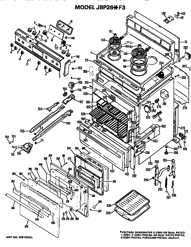 GE JBP26*F3 main body/cooktop/controls diagram