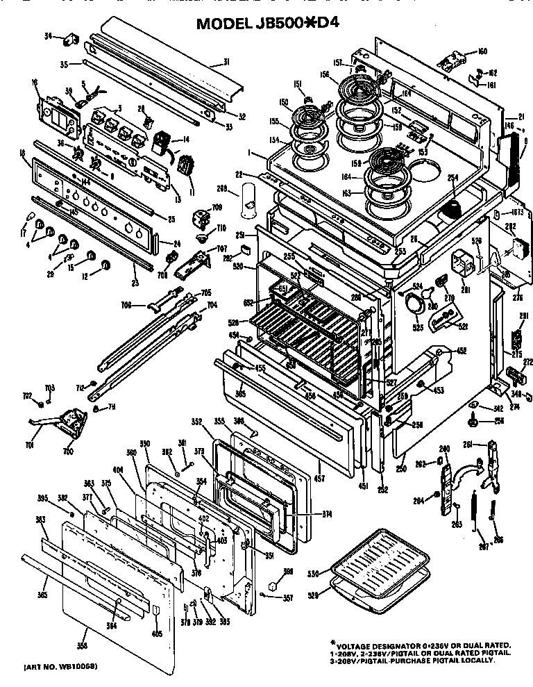 GE JB500*D4 main body/cooktop/controls diagram