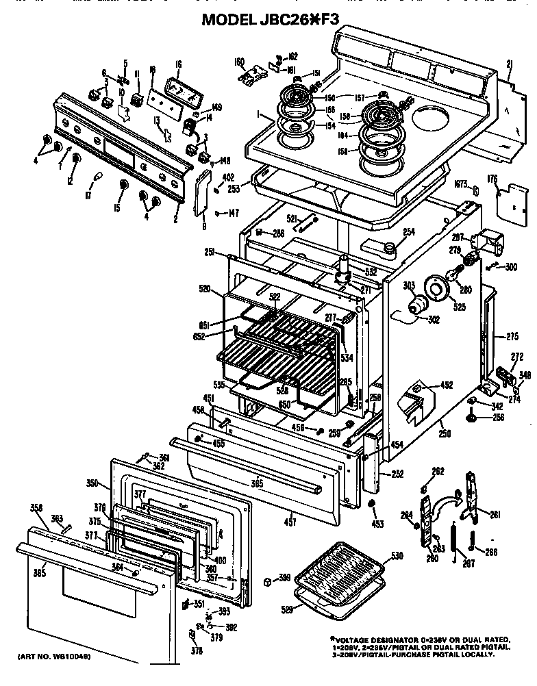 GE JBC26*F3 main body/cooktop/controls diagram