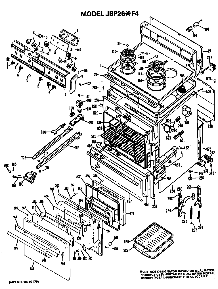 GE JBP26*F4 main body/cooktop/controls diagram