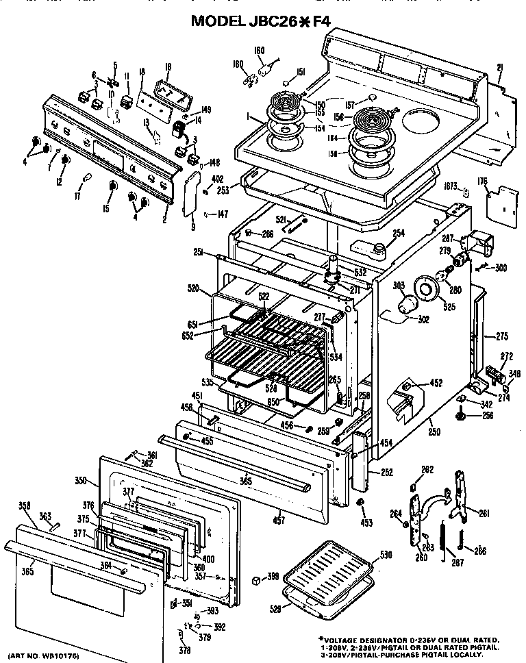 GE JBC26*F4 main body/cooktop/controls diagram