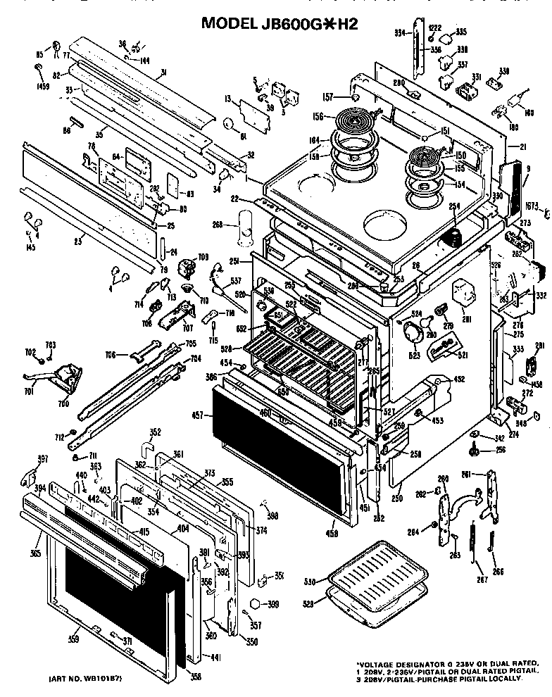 GE JB600G*H2 main body/cooktop/controls diagram