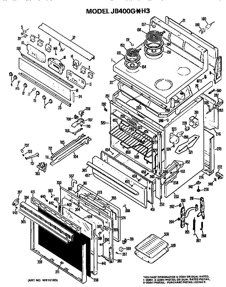 GE JB400G*H3 main body/cooktop/controls diagram