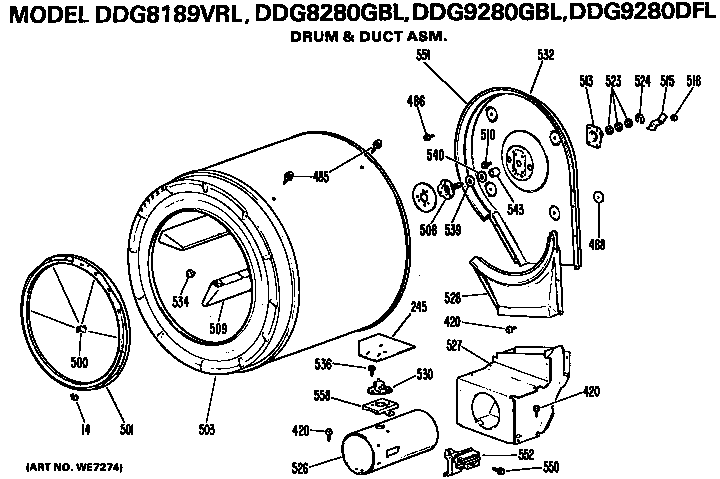 GE DDG8280GBL drum and duct assembly diagram