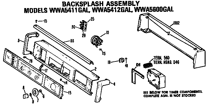 GE WWA5600GAL backsplash for wwa5411gal, wwa5412gal and wwa5600gal diagram
