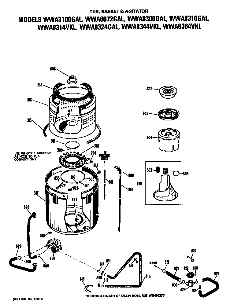 GE WWA8324GAL tub/basket and agitator diagram