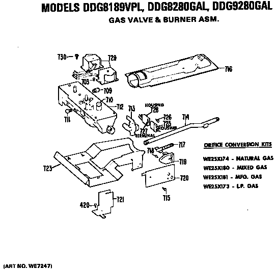 GE DDG9280GAL gas valve and burner assembly diagram