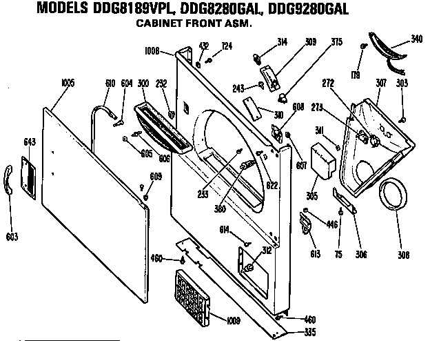 GE DDG9280GAL cabinet front diagram