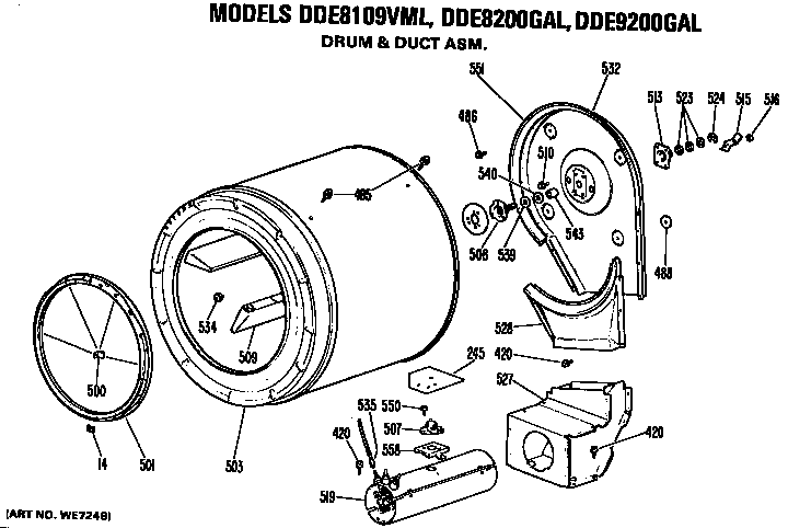 GE DDE9200GAL drum and duct assembly diagram