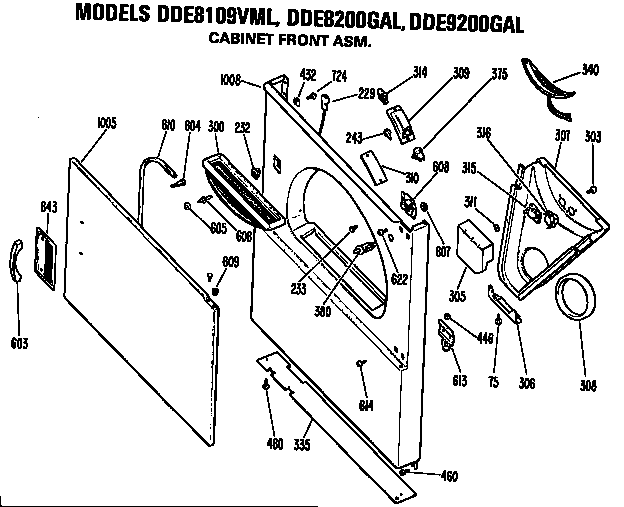GE DDE9200GAL cabinet front diagram
