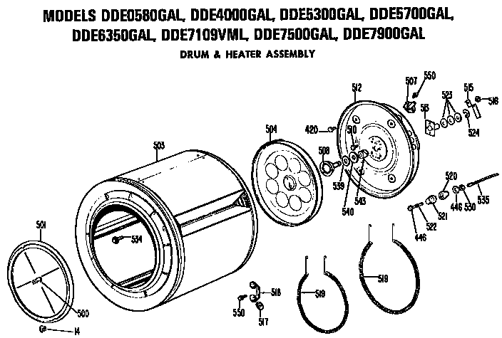GE DDE7109VML drum and heater assembly diagram