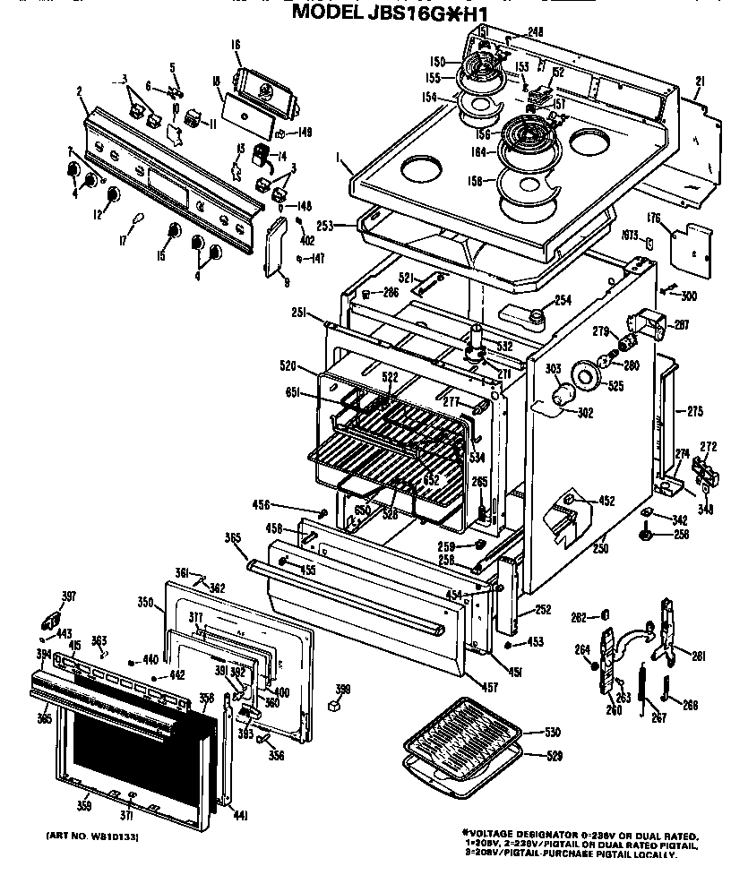 GE JBS16G*H1 main body/cooktop/controls diagram