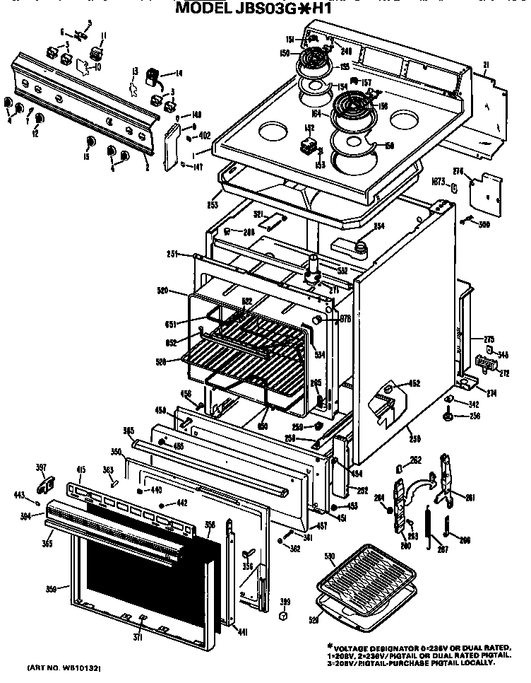 GE JBS03G*H1 main body/cooktop/controls diagram