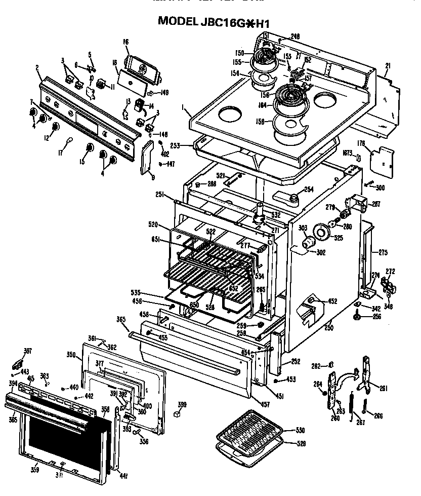 GE JBC16G*H1 main body/cooktop/controls diagram