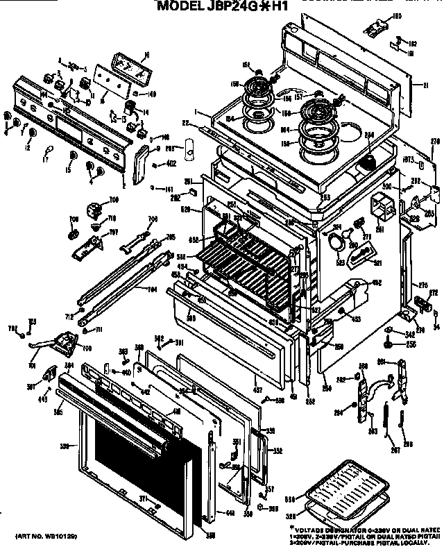 GE JBP24G*H1 main body/cooktop/controls diagram
