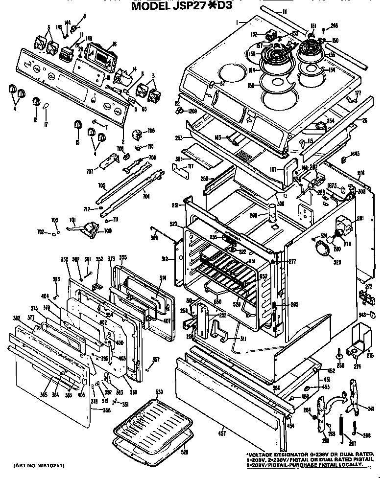 GE JSP27*D3 main body/cooktop/controls diagram
