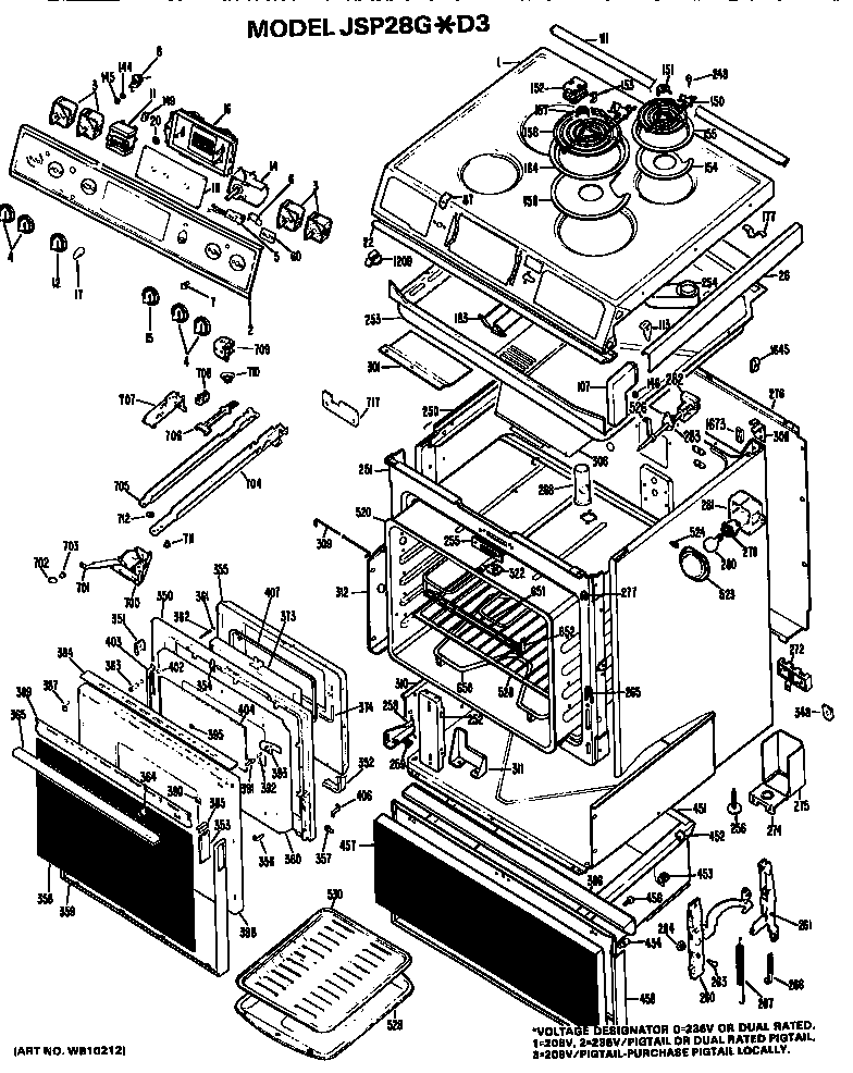 GE JSP28G*D3 main body/cooktop/controls diagram