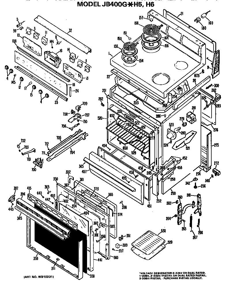 GE JB400G*H5 main body/cooktop/controls diagram