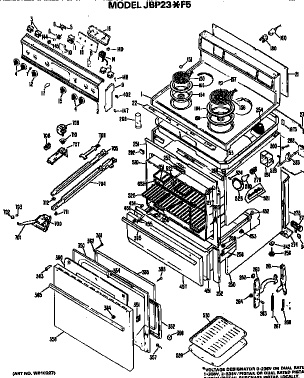GE JBP23*F5 main body/cooktop/controls diagram