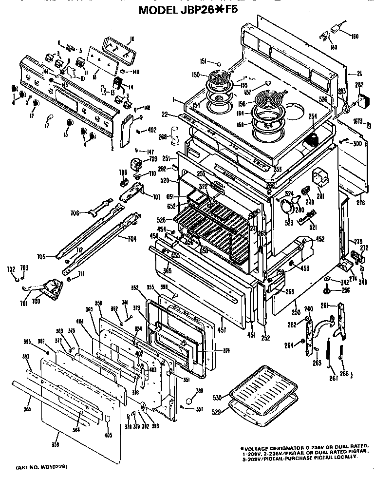 GE JBP26*F5 main body/cooktop/controls diagram