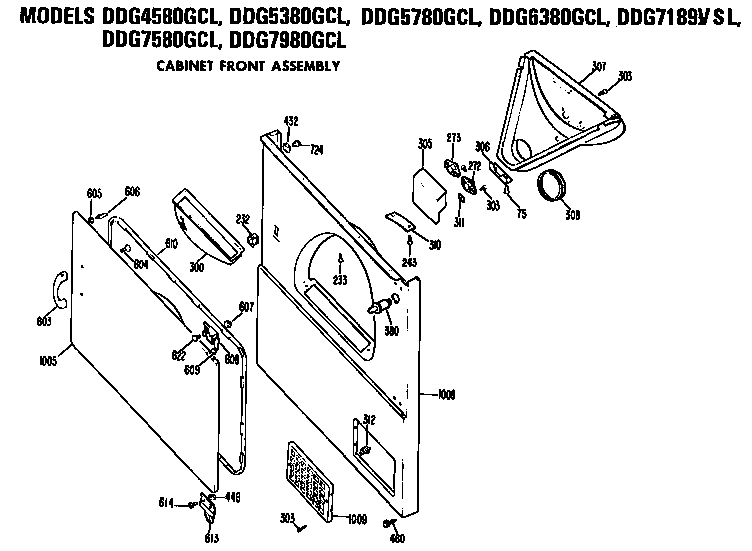GE DDG5380GCL cabinet front diagram