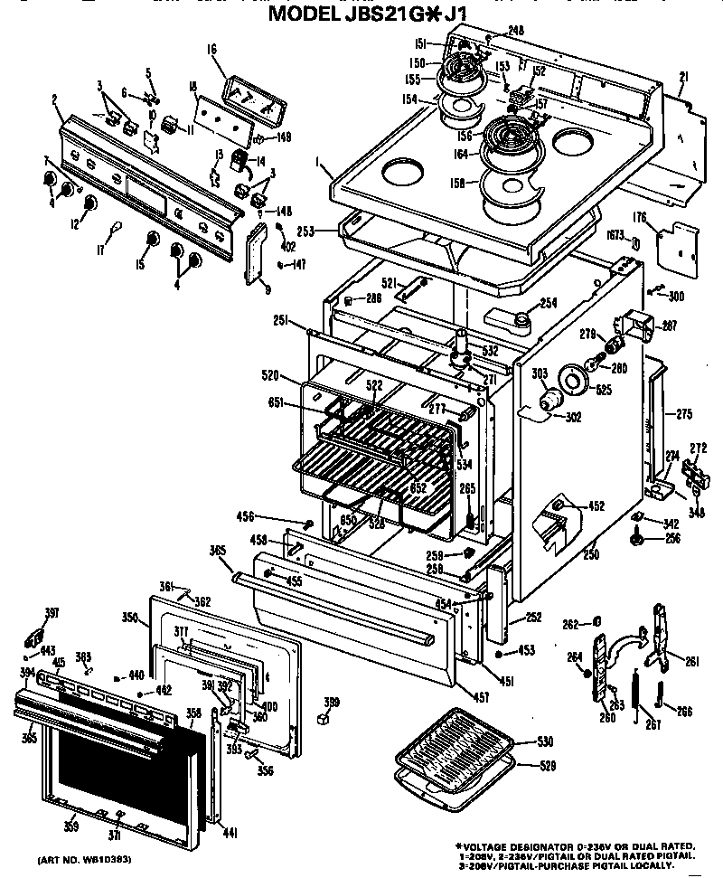 GE JBS21G*J1 main body/cooktop/controls diagram