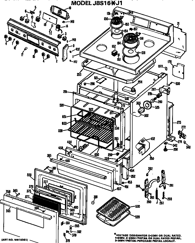 GE JBS16*J1 main body/cooktop/controls diagram