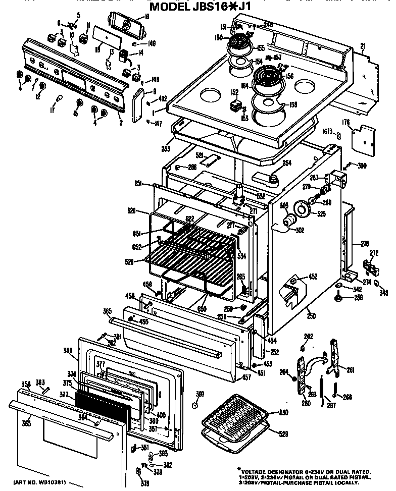 GE JBS16G*J1 main body/cooktop/controls diagram