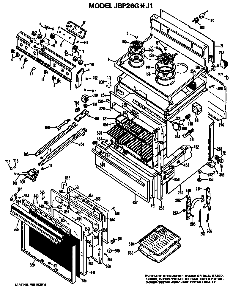 GE JBP26G*J1 main body/cooktop/controls diagram