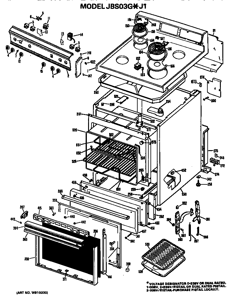 GE JBS03G*J1 main body/cooktop/controls diagram