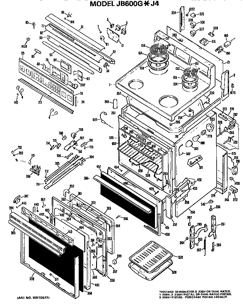 GE JB600G*J4 main body/cooktop/controls diagram