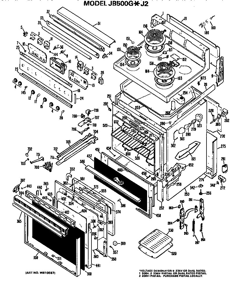 GE JB500G*J2 main body/cooktop/controls diagram