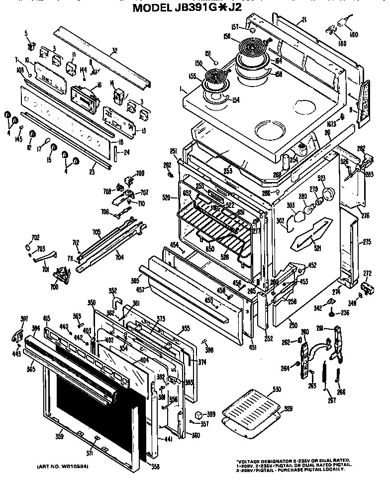 GE JB391G*J2 main body/cooktop/controls diagram