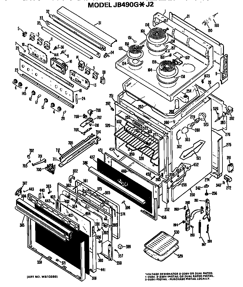 GE JB490G*J2 main body/cooktop/controls diagram