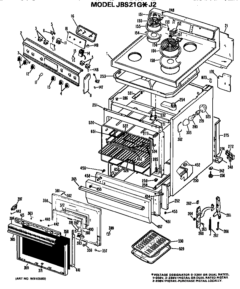 GE JBS21G*J2 main body/cooktop/controls diagram