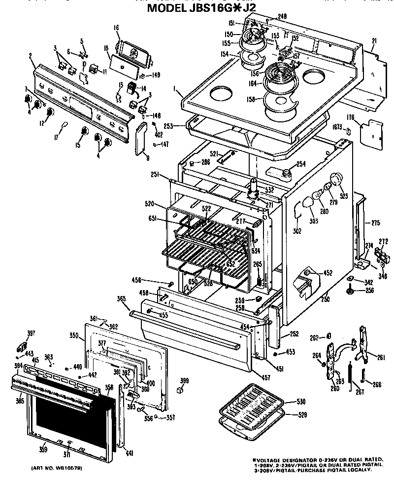GE JBS16G*J2 main body/cooktop/controls diagram
