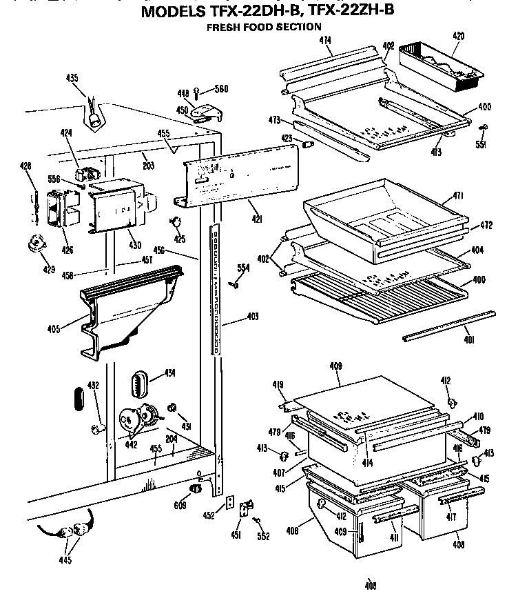 GE TFX22DHB fresh food section diagram