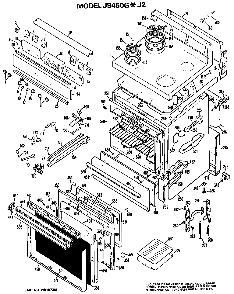 GE JB450G*J2 main body/cooktop/controls diagram