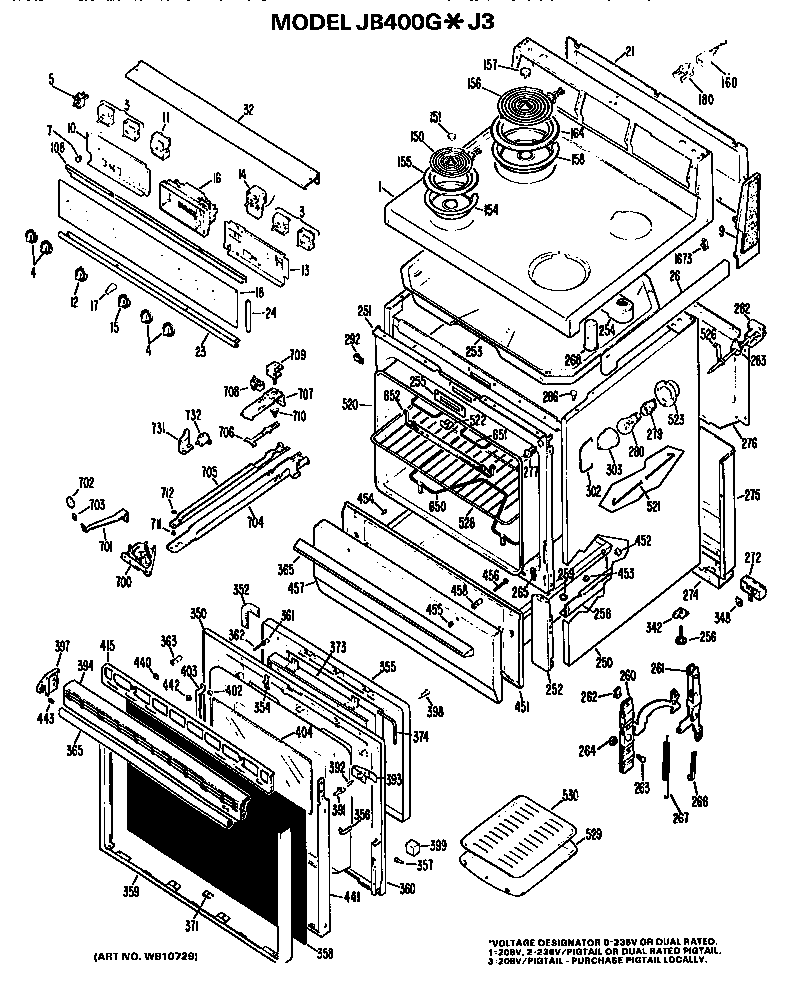 GE JB400G*J3 main body/cooktop/controls diagram