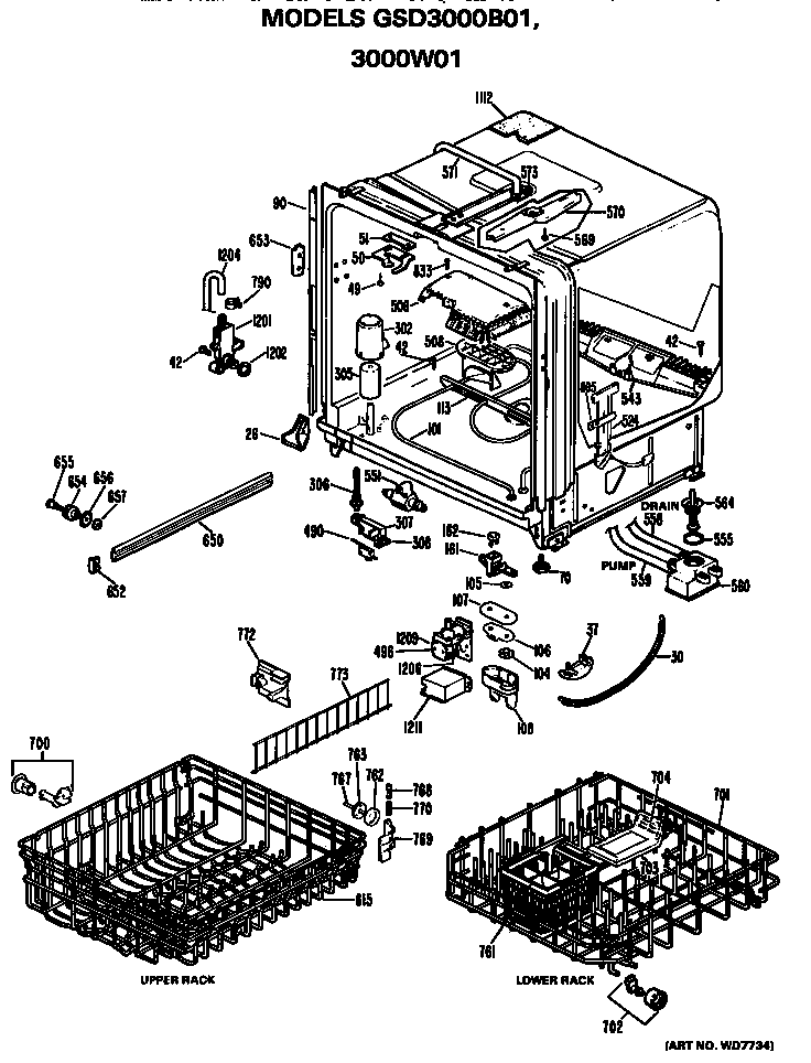 GE GSD3000W01 tub/racks diagram