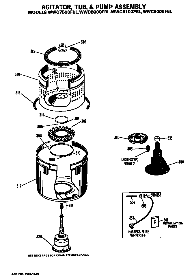 GE WWC7500FBL agitator/tub and pump assembly diagram
